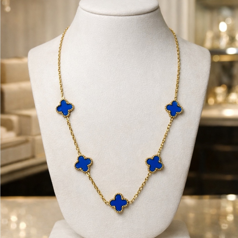 Blue Clover Station Necklace | Gold Tone Stainless Steel | 18–19"